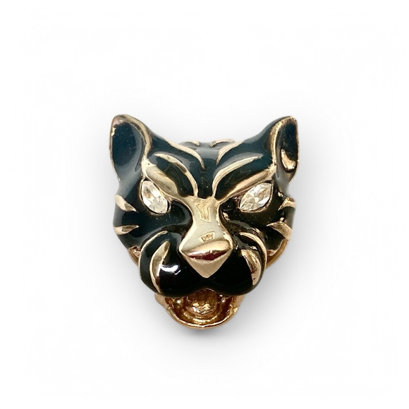 Vintage Michele Lynn Panther Cat Scarf Clip Brooch Black Gold Tiger - Picture 2 of 5